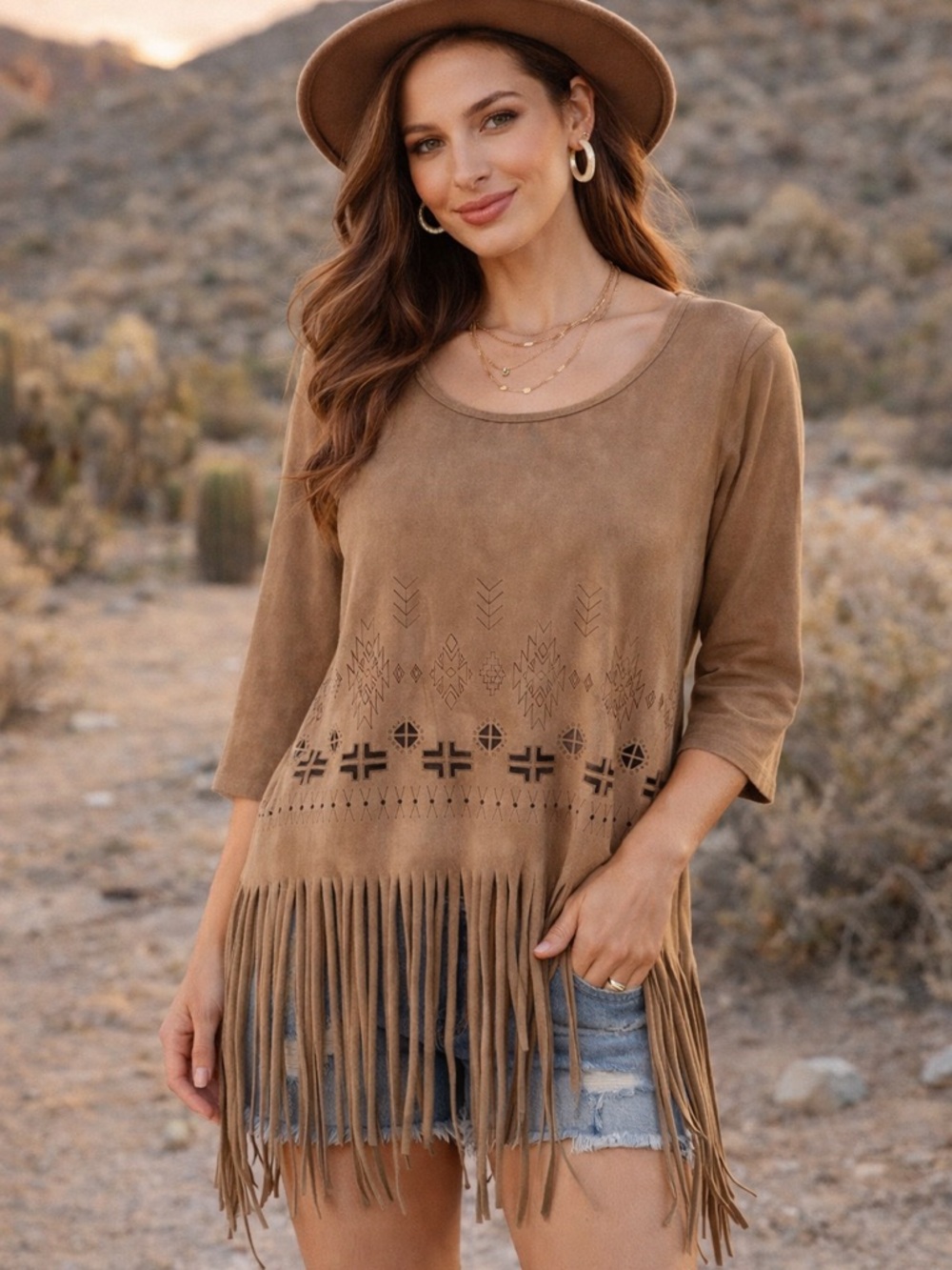 Suede Fringe Tribal-Print Tunic Top - Brown